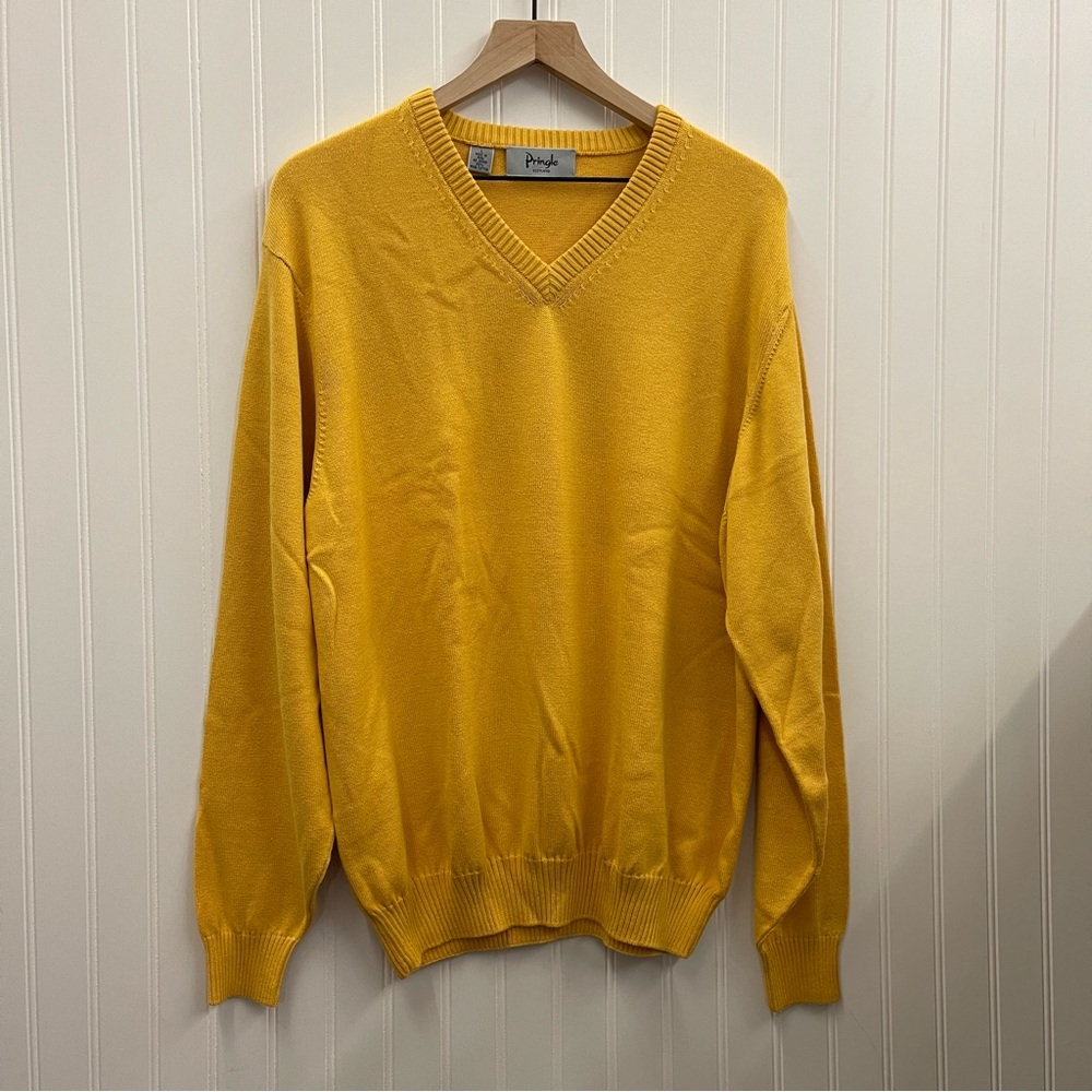 Pringle of Scotland Yellow Pima Cotton Knit V-Neck Sweater Sz L
